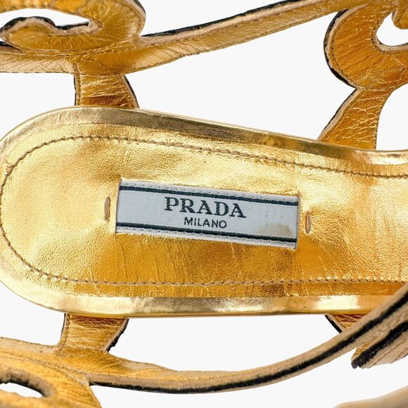 Prada Baroque Gold Caged Sandals Size 37.5 US 7.5 Cutout Metallic Leather Heels - Picture 15 of 15